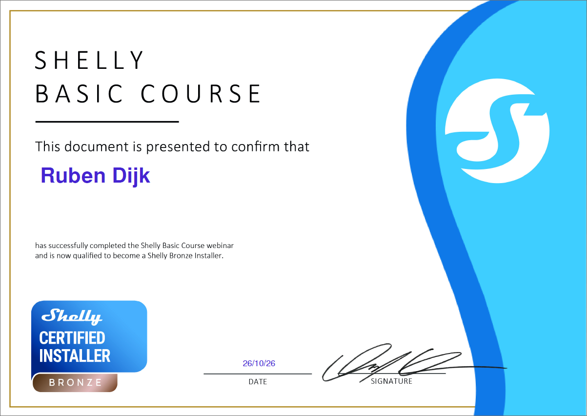 Shelly Verified installer en Bronze installer.